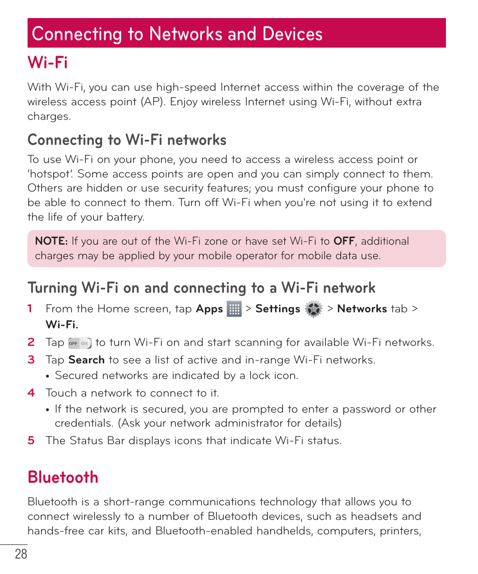 Connecting to networks and devices, Wi-fi, Connecting to wi-fi networks | Turning wi-fi on and connecting to a wi-fi network, Bluetooth | LG D415 User Manual | Page 30 / 122