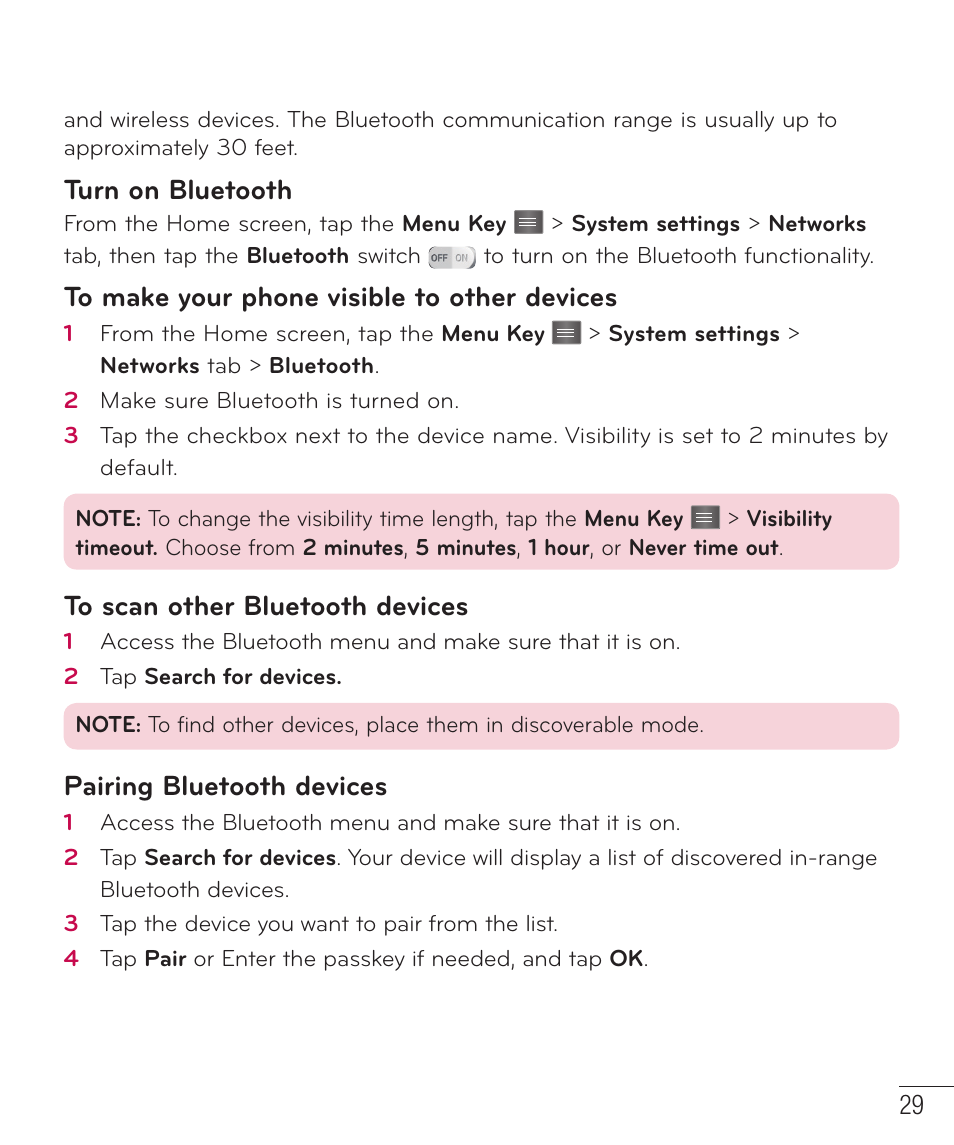 Turn on bluetooth, Pairing bluetooth devices | LG D415 User Manual | Page 31 / 122