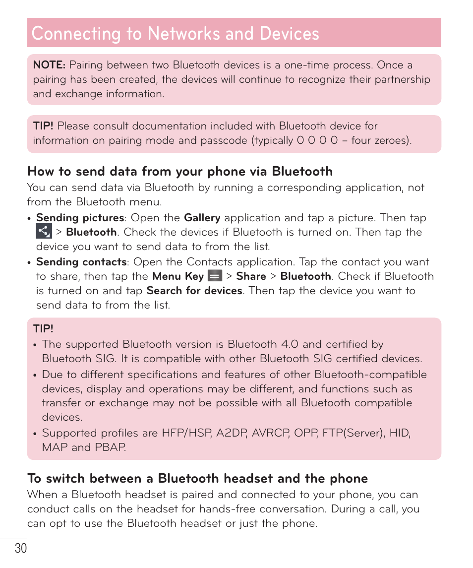 Connecting to networks and devices, How to send data from your phone via bluetooth | LG D415 User Manual | Page 32 / 122
