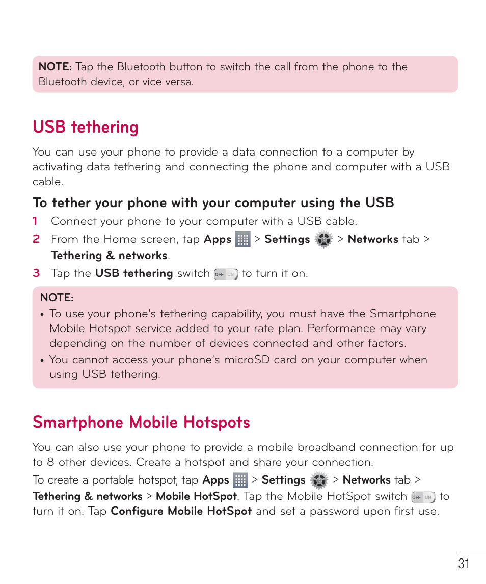 Usb tethering, Smartphone mobile hotspots, Usb tethering smartphone mobile hotspots | LG D415 User Manual | Page 33 / 122
