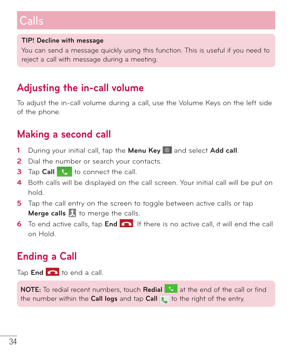 Adjusting the in-call volume, Making a second call, Ending a call | Calls | LG D415 User Manual | Page 36 / 122