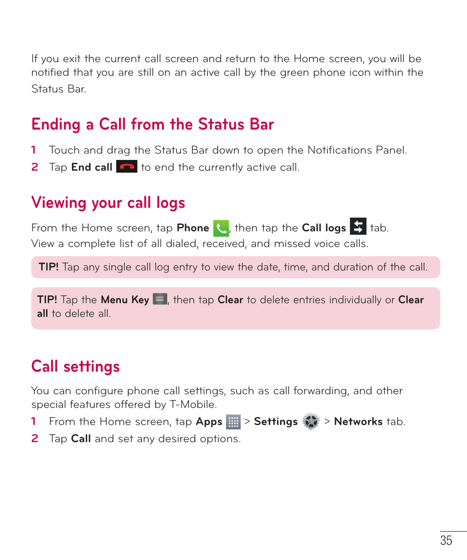Ending a call from the status bar, Viewing your call logs, Call settings | LG D415 User Manual | Page 37 / 122