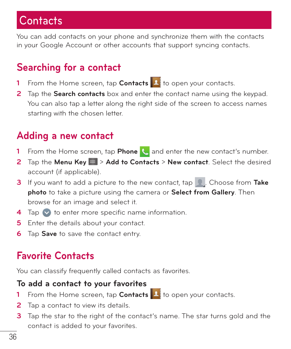 Contacts, Searching for a contact, Adding a new contact | Favorite contacts | LG D415 User Manual | Page 38 / 122