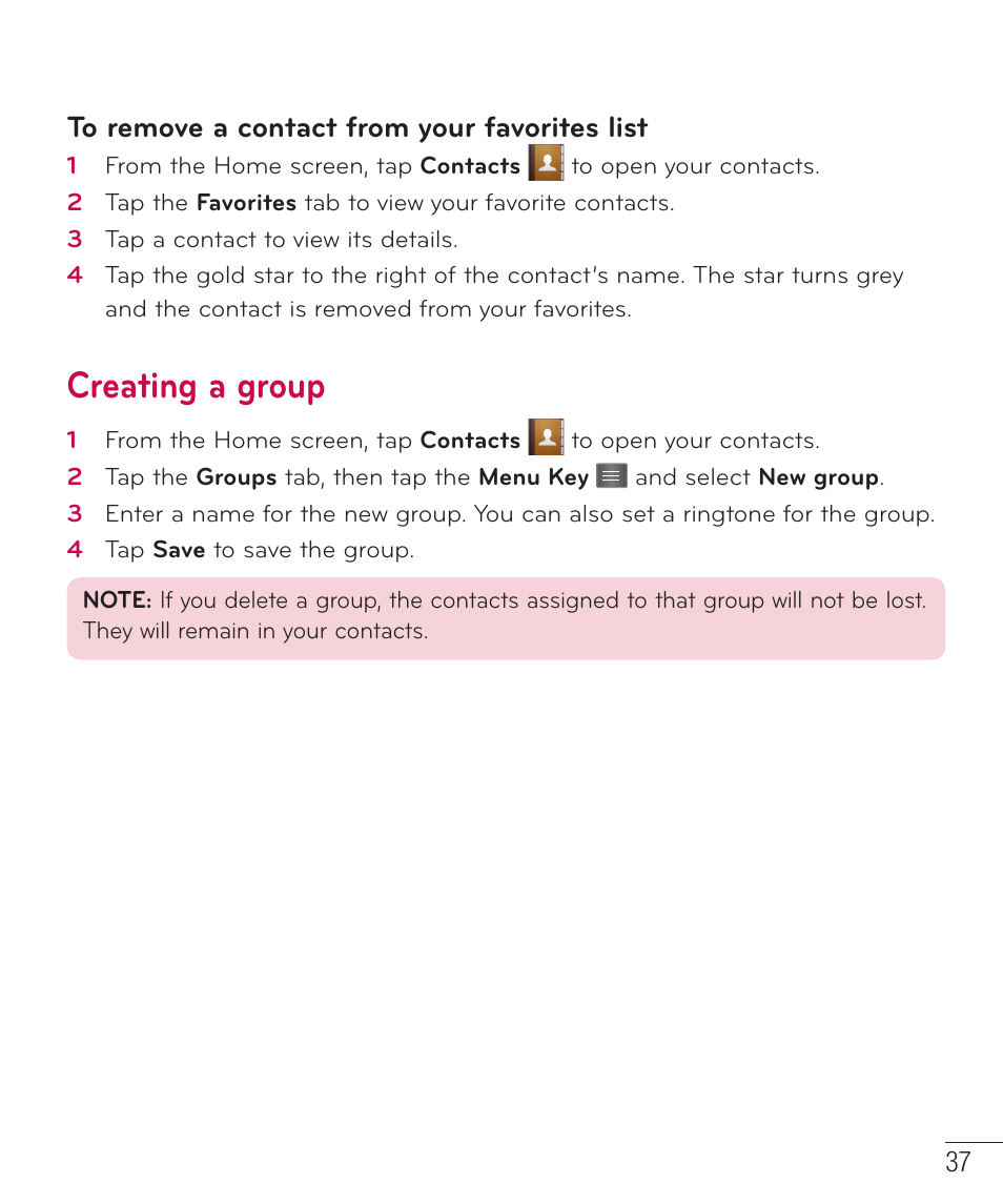 Creating a group | LG D415 User Manual | Page 39 / 122