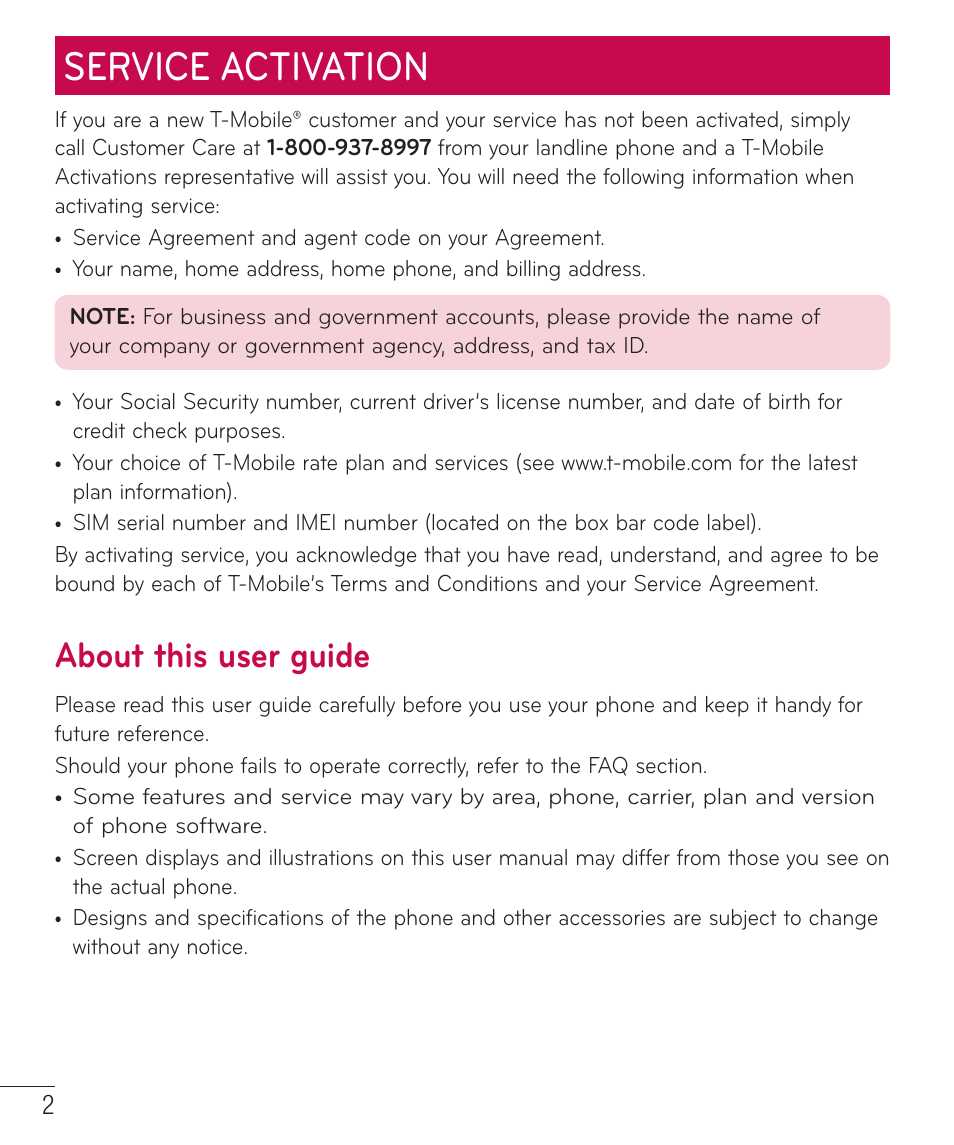Service activation, About this user guide | LG D415 User Manual | Page 4 / 122