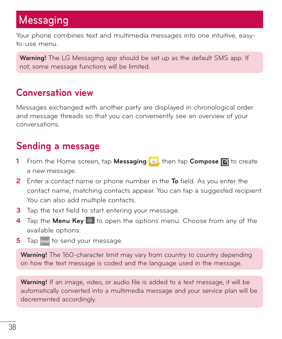 Messaging, Conversation view, Sending a message | Conversation view sending a message | LG D415 User Manual | Page 40 / 122