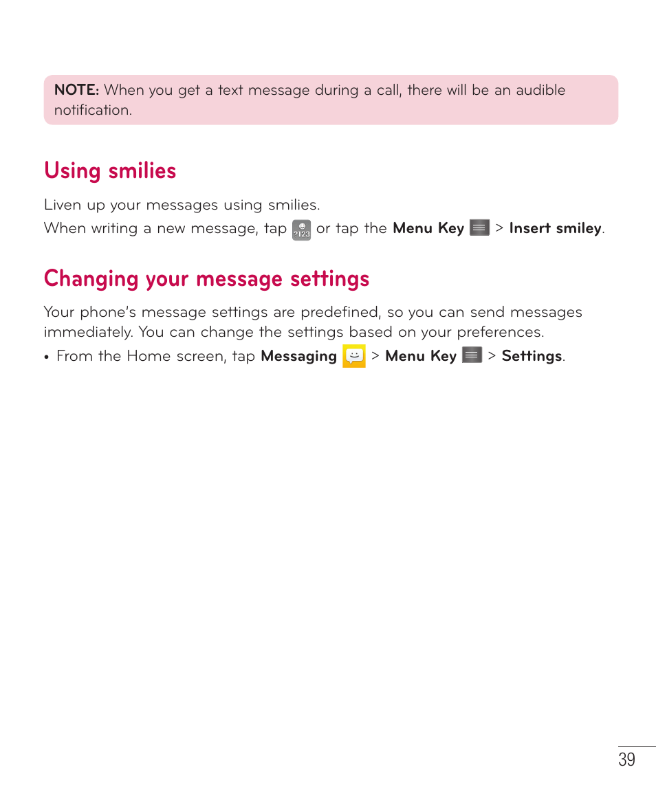 Using smilies, Changing your message settings, Using smilies changing your message settings | LG D415 User Manual | Page 41 / 122