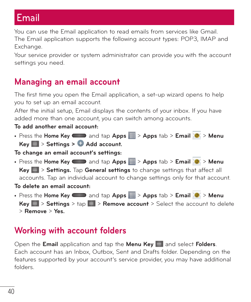 Email, Managing an email account, Working with account folders | LG D415 User Manual | Page 42 / 122