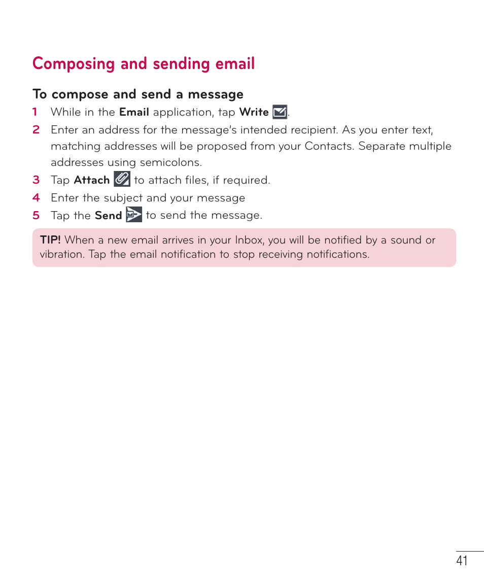 Composing and sending email | LG D415 User Manual | Page 43 / 122