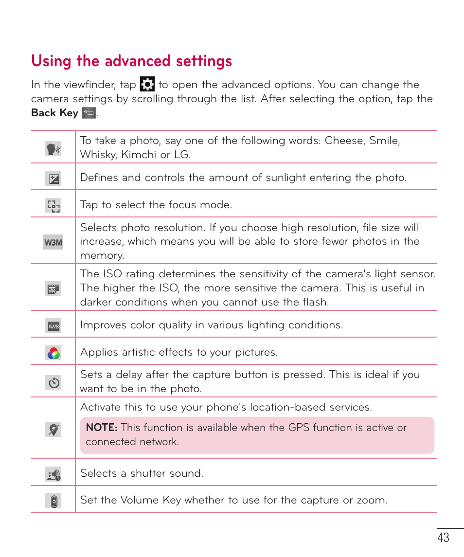 Using the advanced settings | LG D415 User Manual | Page 45 / 122