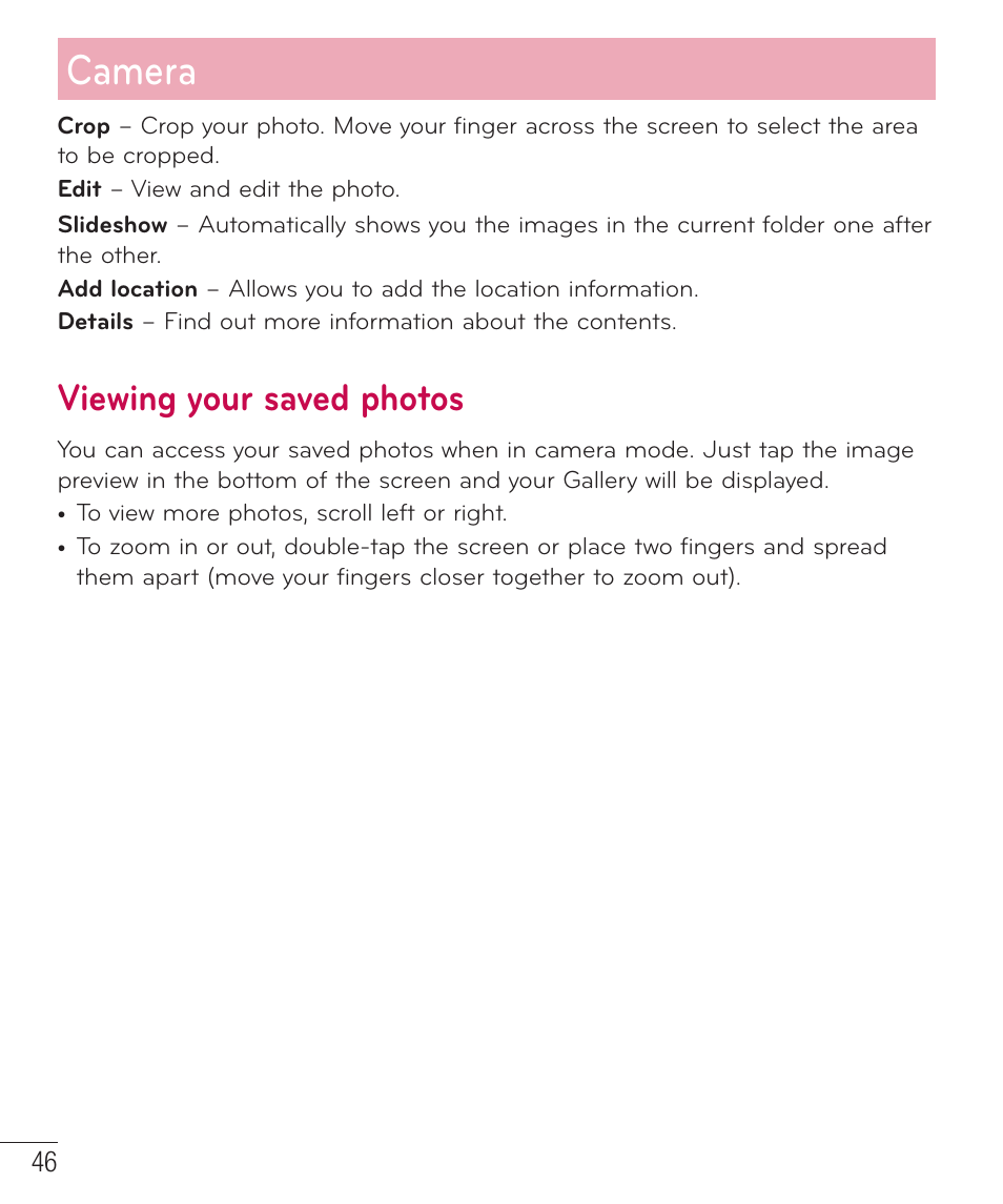 Viewing your saved photos, Camera | LG D415 User Manual | Page 48 / 122