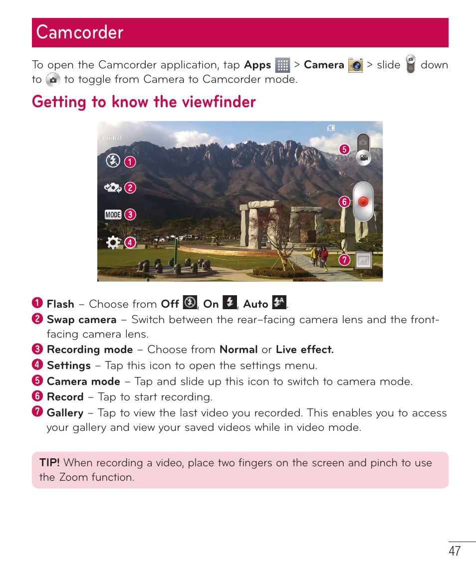 Camcorder, Getting to know the viewfinder, Getting to know the viewﬁnder | LG D415 User Manual | Page 49 / 122