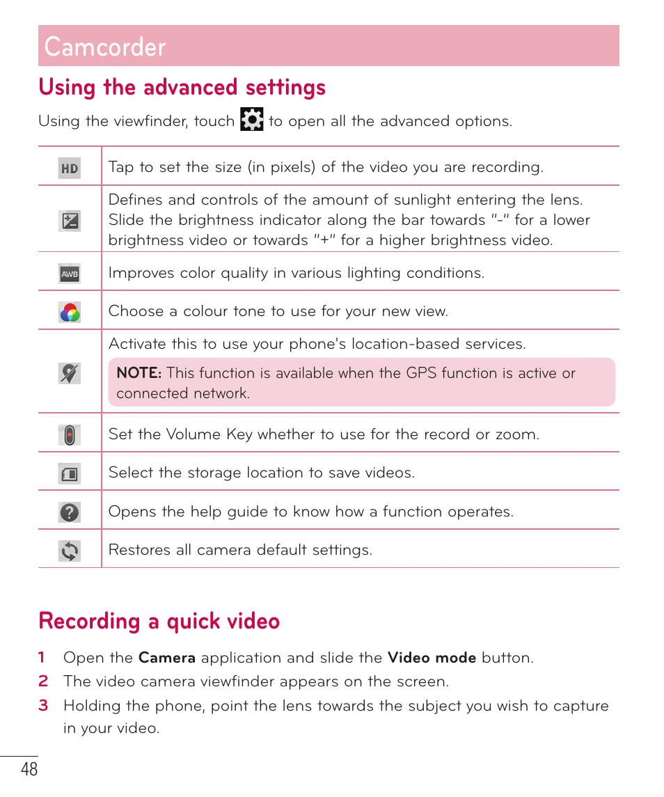 Using the advanced settings, Recording a quick video, Camcorder | LG D415 User Manual | Page 50 / 122