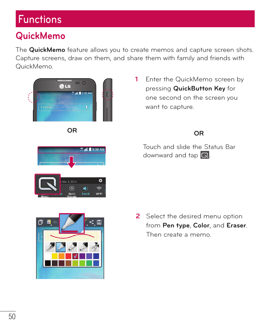 Functions, Quickmemo | LG D415 User Manual | Page 52 / 122