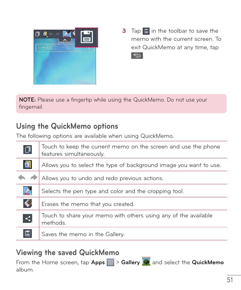 Using the quickmemo options, Viewing the saved quickmemo | LG D415 User Manual | Page 53 / 122