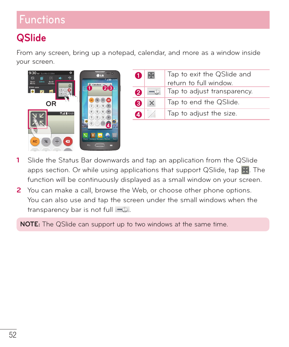 Qslide, Functions | LG D415 User Manual | Page 54 / 122