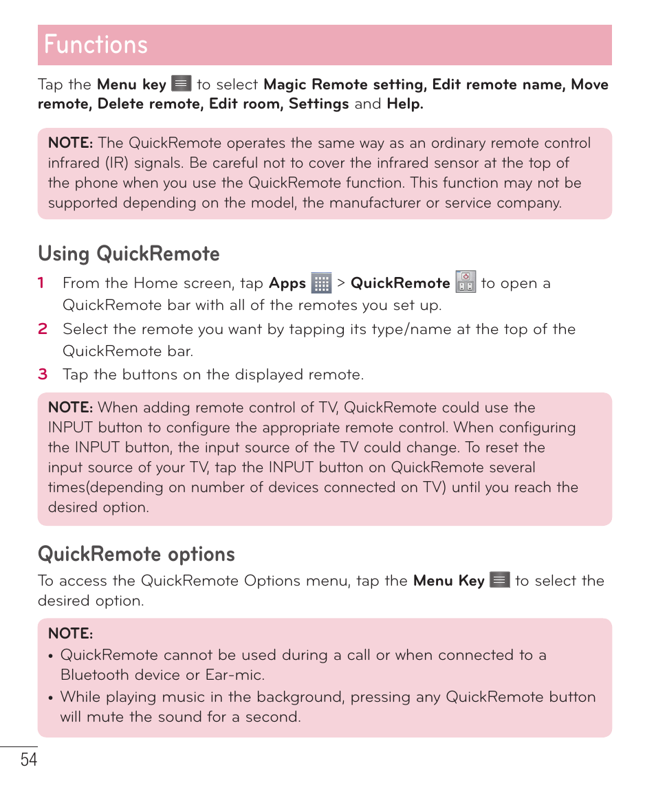 Using quickremote, Quickremote options, Using quickremote quickremote options | Functions | LG D415 User Manual | Page 56 / 122