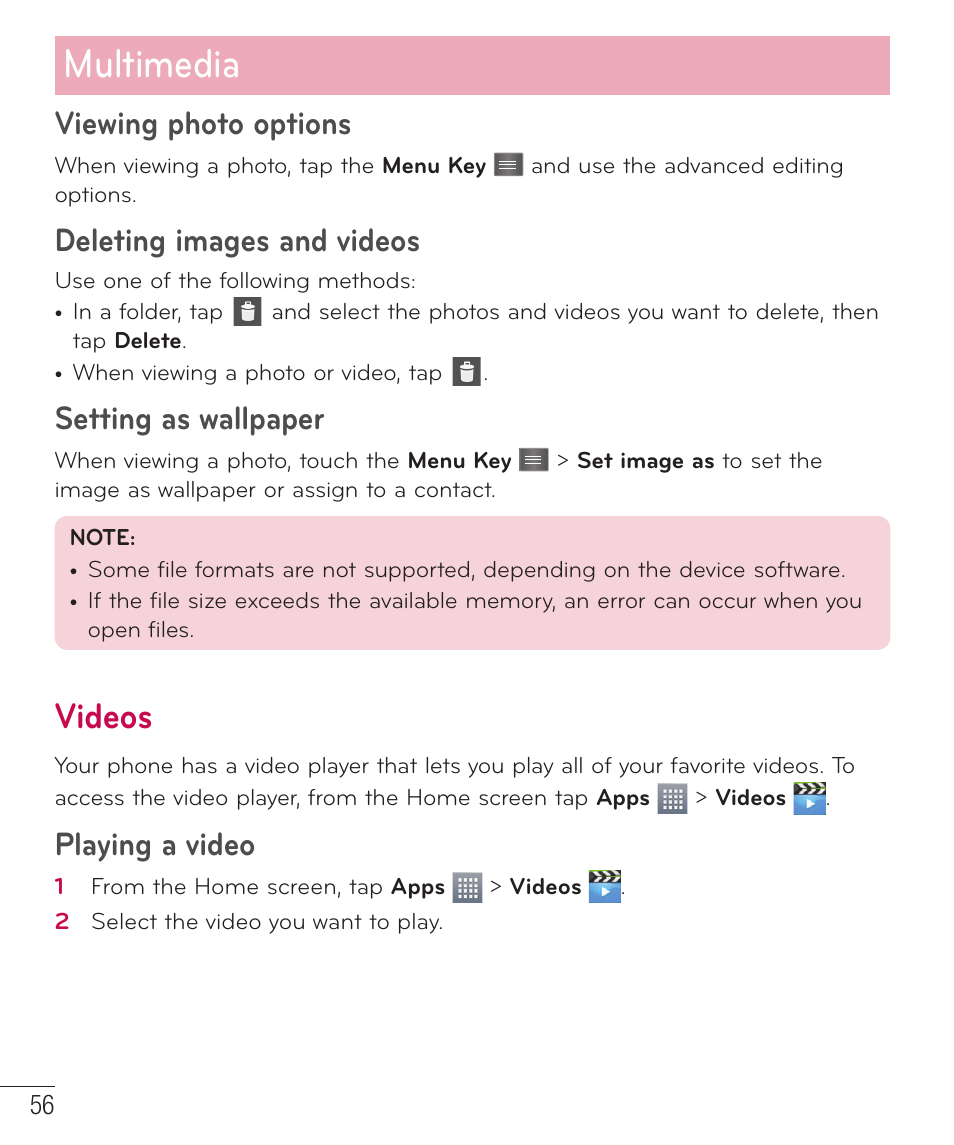Viewing photo options, Deleting images and videos, Setting as wallpaper | Videos, Playing a video, Multimedia | LG D415 User Manual | Page 58 / 122