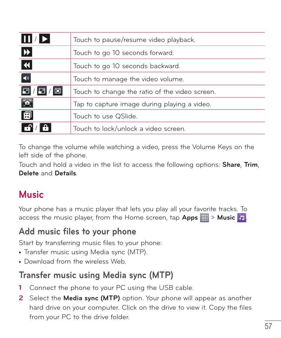 Music, Add music files to your phone, Transfer music using media sync (mtp) | LG D415 User Manual | Page 59 / 122