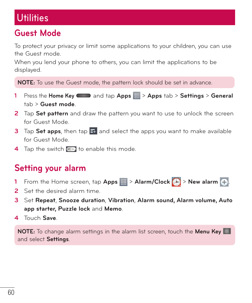 Utilities, Guest mode, Setting your alarm | Guest mode setting your alarm | LG D415 User Manual | Page 62 / 122