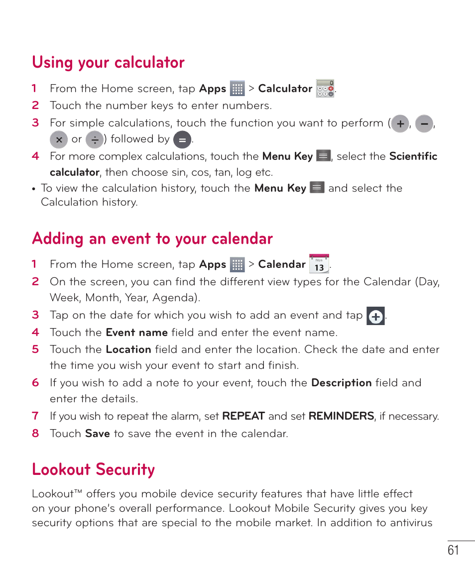 Using your calculator, Adding an event to your calendar, Lookout security | LG D415 User Manual | Page 63 / 122