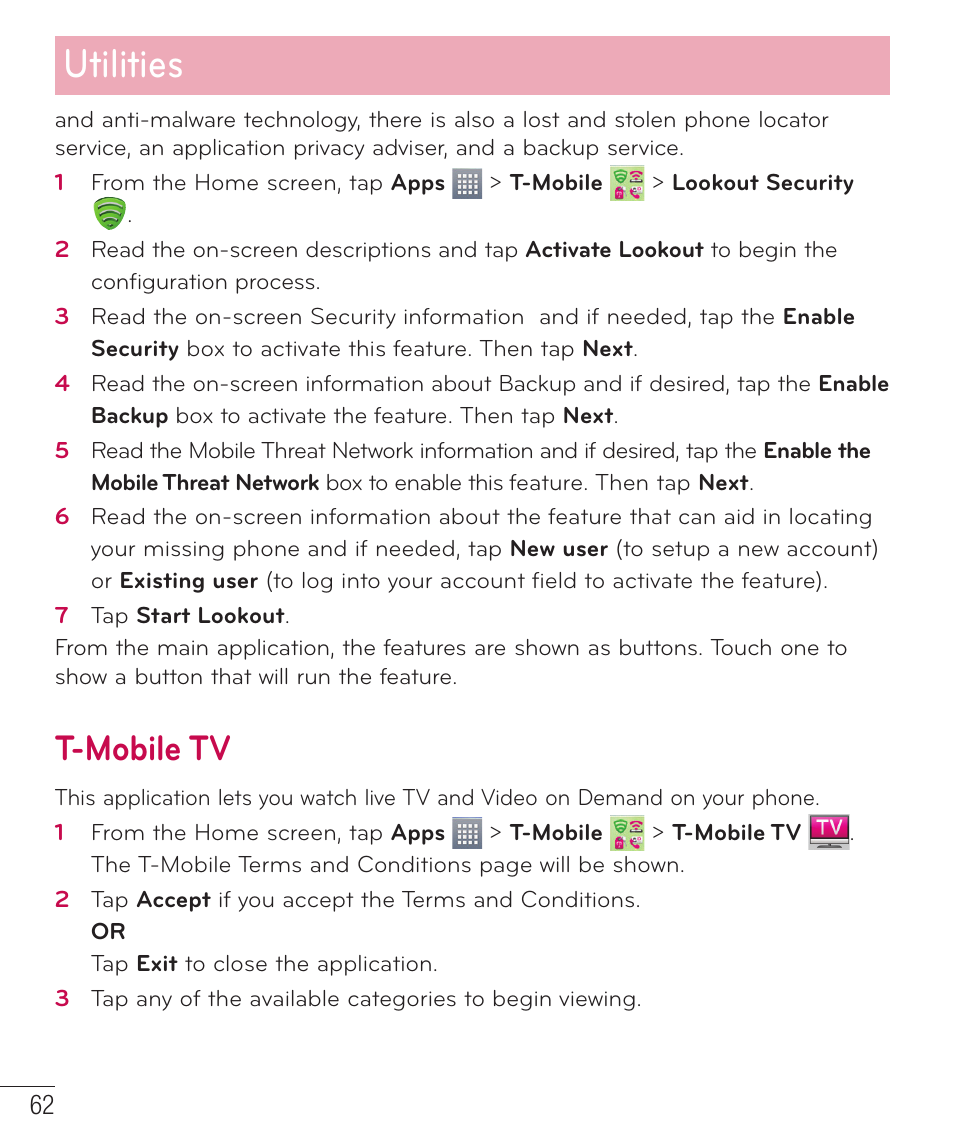 T-mobile tv, Utilities | LG D415 User Manual | Page 64 / 122