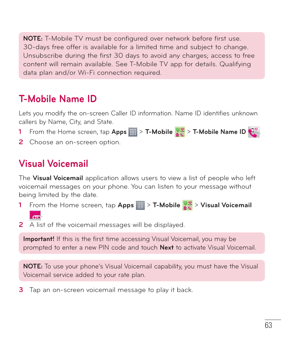 T-mobile name id, Visual voicemail, T-mobile name id visual voicemail | LG D415 User Manual | Page 65 / 122