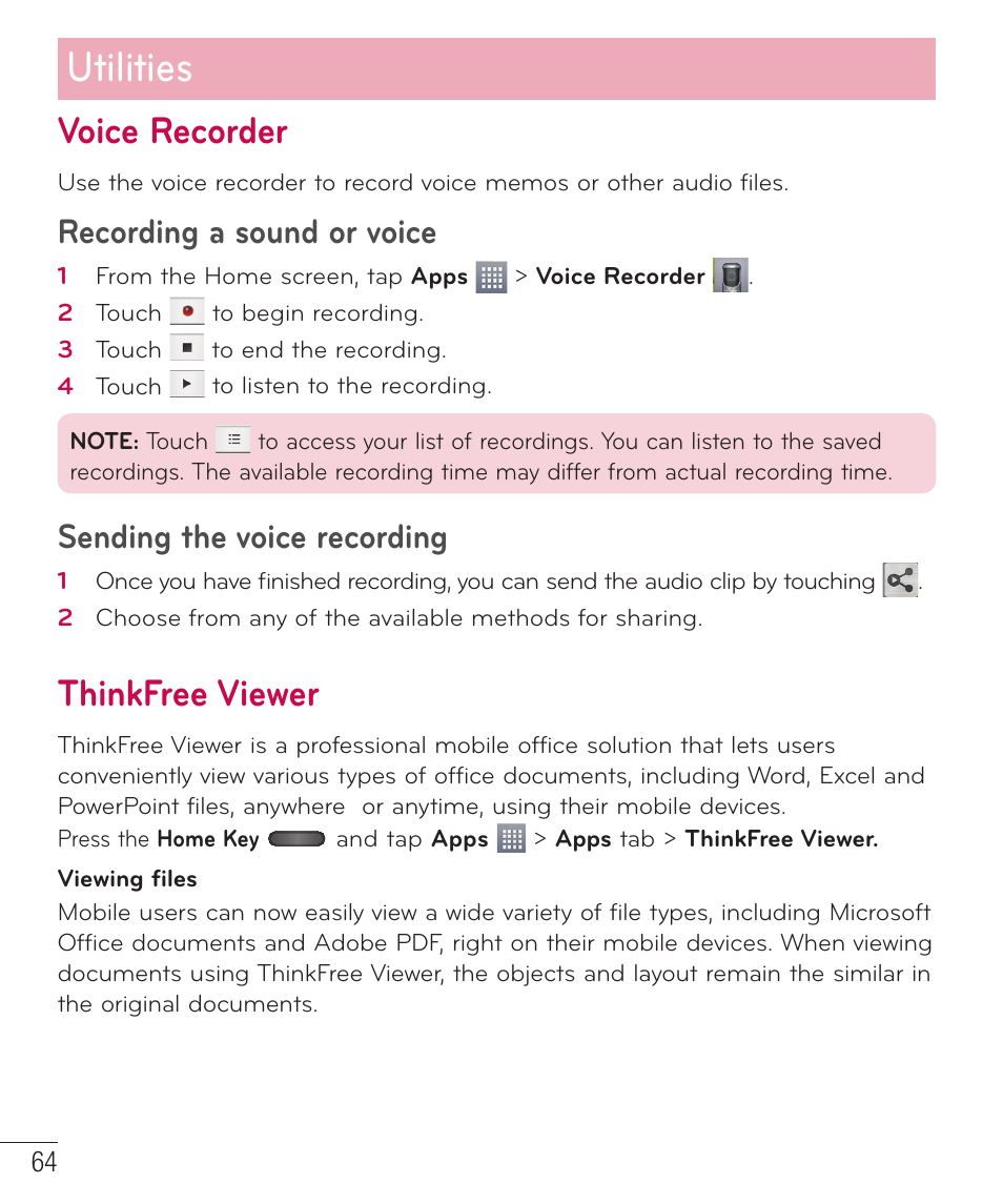 Voice recorder, Recording a sound or voice, Sending the voice recording | Thinkfree viewer, Utilities | LG D415 User Manual | Page 66 / 122