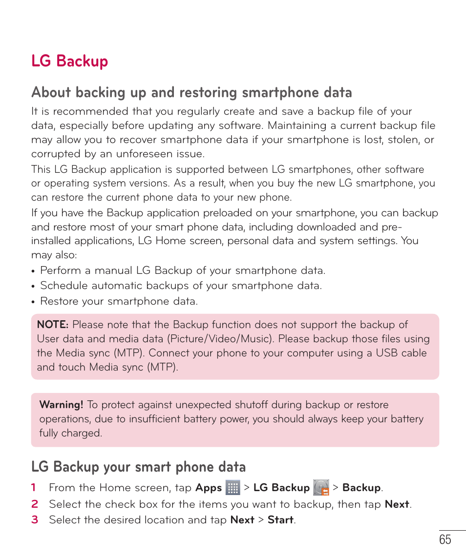 Lg backup, About backing up and restoring smartphone data, Lg backup your smart phone data | LG D415 User Manual | Page 67 / 122