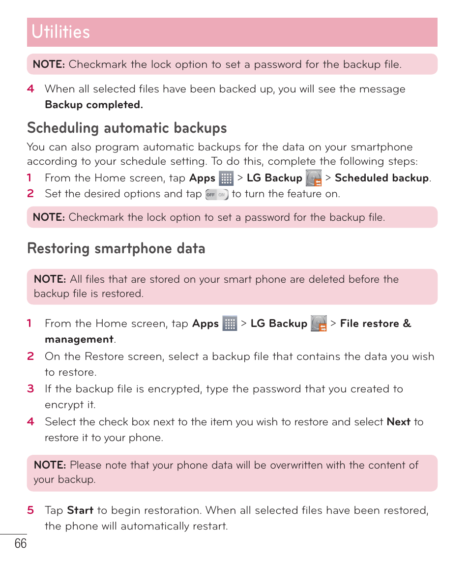 Scheduling automatic backups, Restoring smartphone data, Utilities | LG D415 User Manual | Page 68 / 122