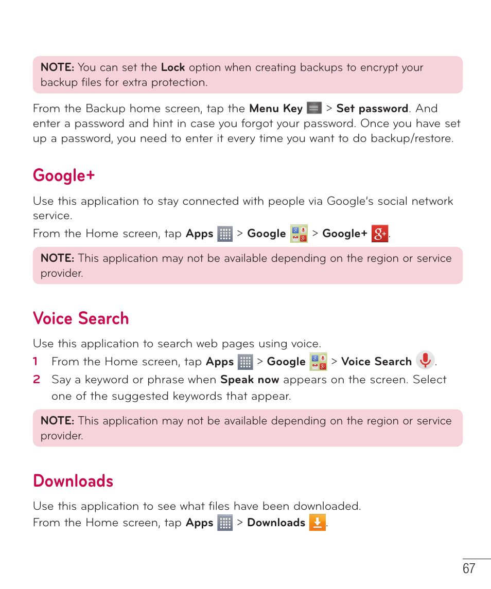 Google, Voice search, Downloads | Google+ voice search downloads | LG D415 User Manual | Page 69 / 122