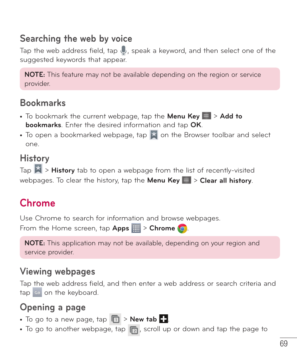 Searching the web by voice, Bookmarks, History | Chrome, Searching the web by voice bookmarks history, Viewing webpages, Opening a page | LG D415 User Manual | Page 71 / 122