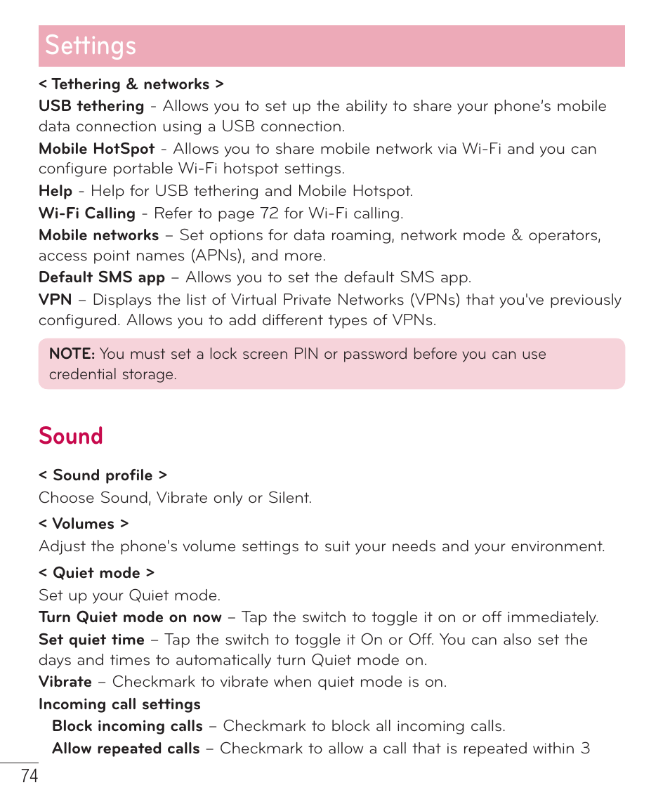 Sound, Settings | LG D415 User Manual | Page 76 / 122