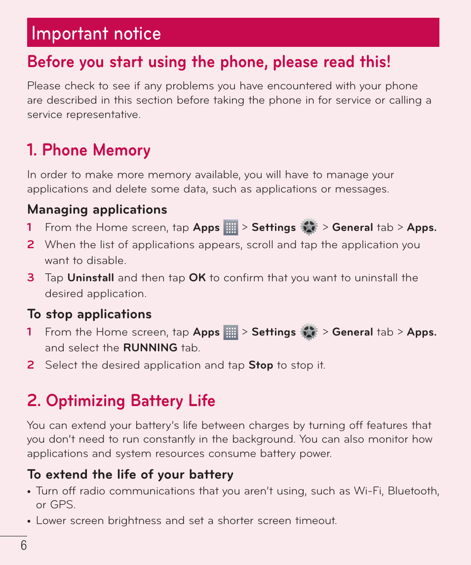 Important notice, Before you start using the phone, please read this, Optimizing battery life | LG D415 User Manual | Page 8 / 122