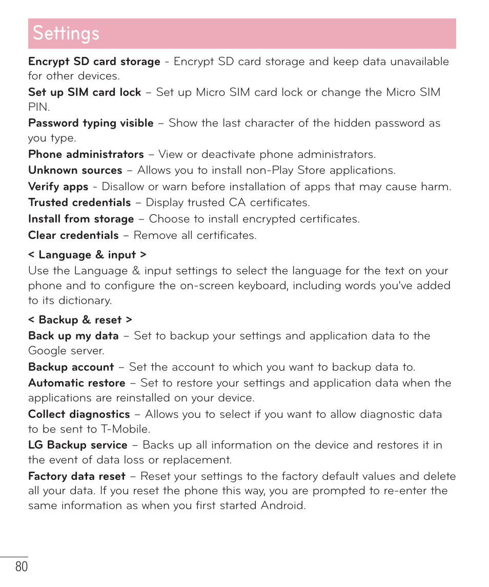 Settings | LG D415 User Manual | Page 82 / 122