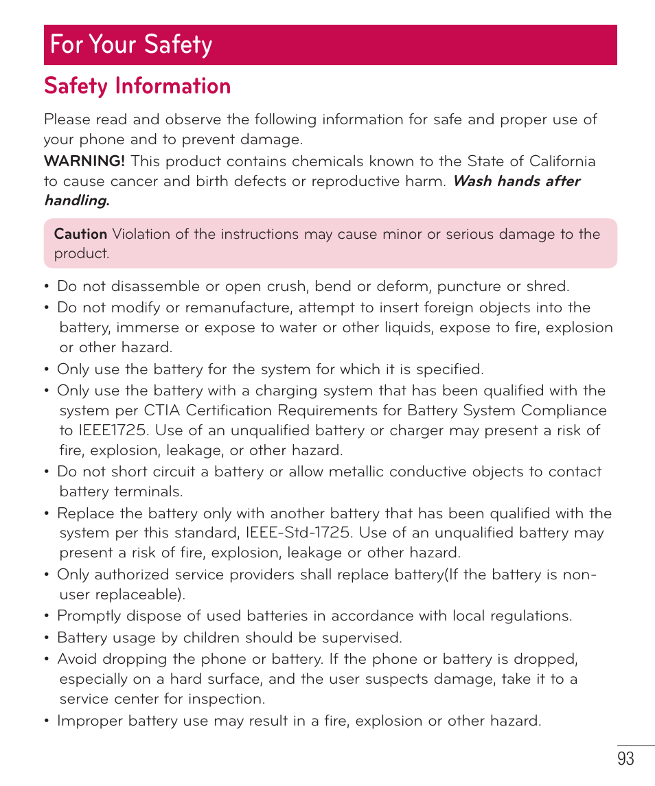 For your safety, Safety information | LG D415 User Manual | Page 95 / 122