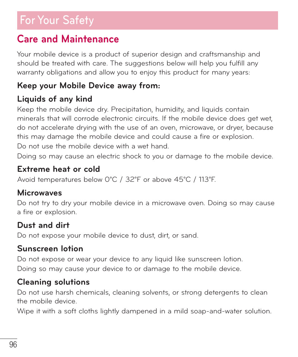 For your safety, Care and maintenance | LG D415 User Manual | Page 98 / 122