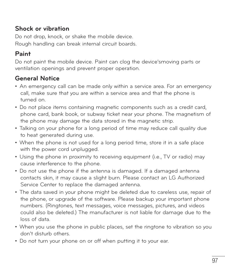 Shock or vibration, Paint, General notice | LG D415 User Manual | Page 99 / 122