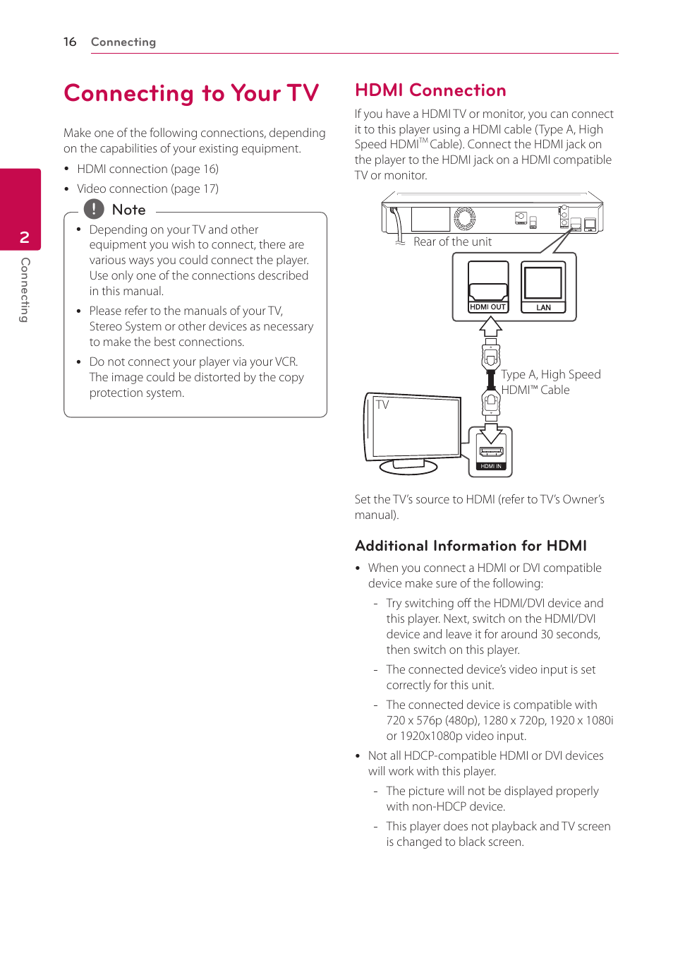 Connecting to your tv, Hdmi connection, 16 – hdmi connection | LG LHB306 User Manual | Page 16 / 60