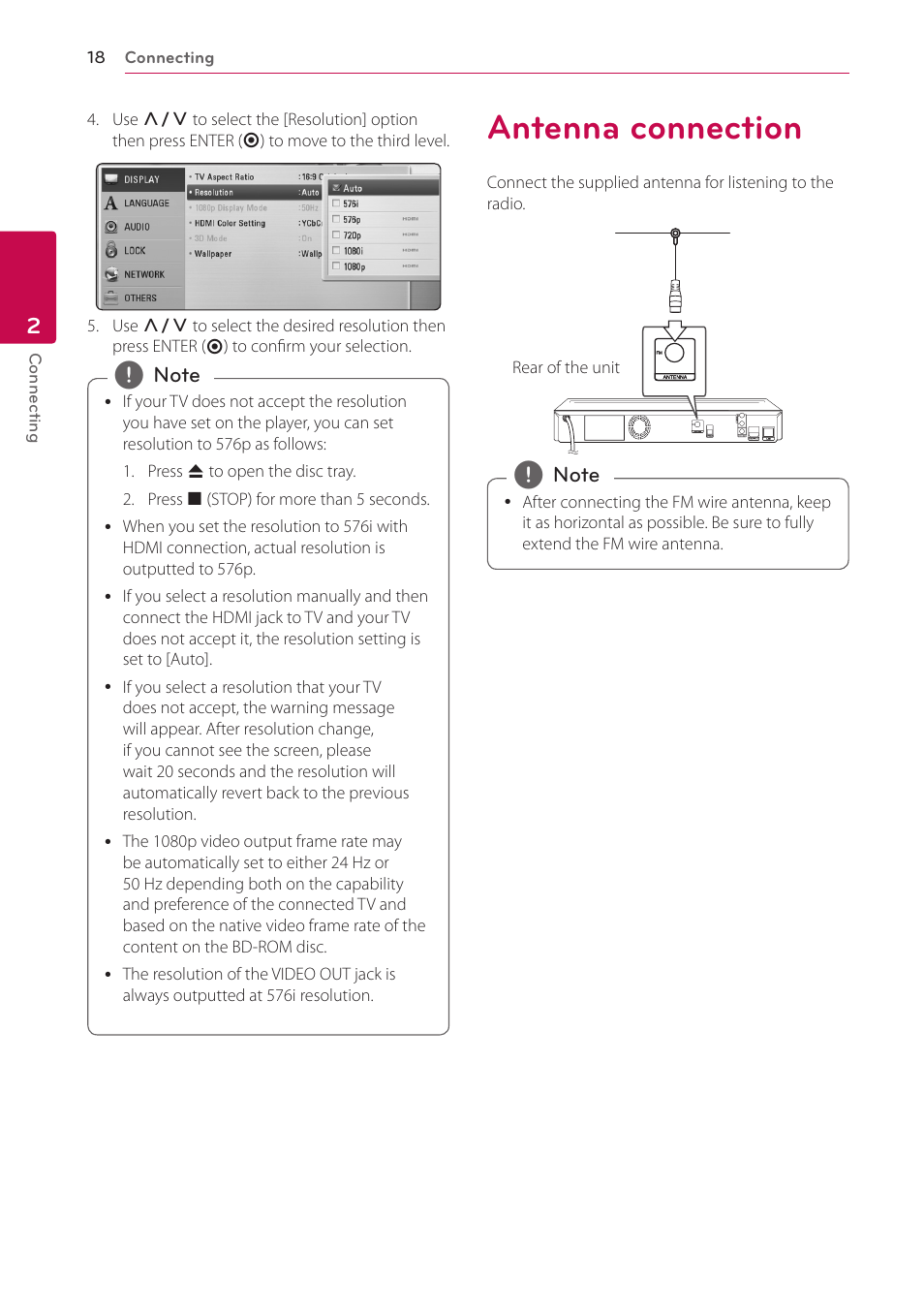 Antenna connection, 18 antenna connection | LG LHB306 User Manual | Page 18 / 60