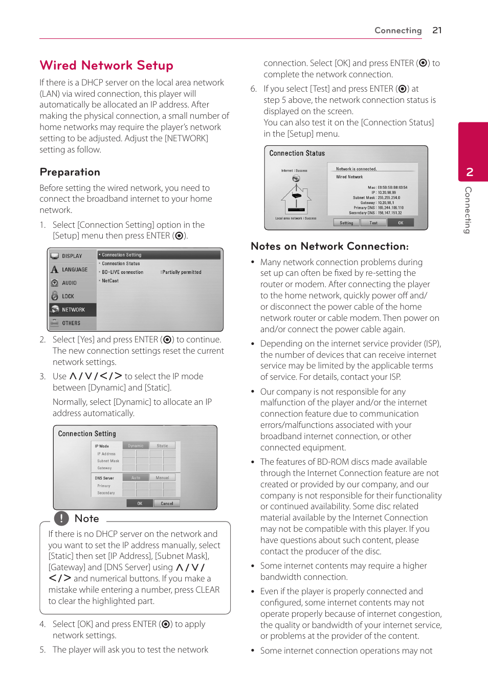 Wired network setup, 21 – wired network setup | LG LHB306 User Manual | Page 21 / 60