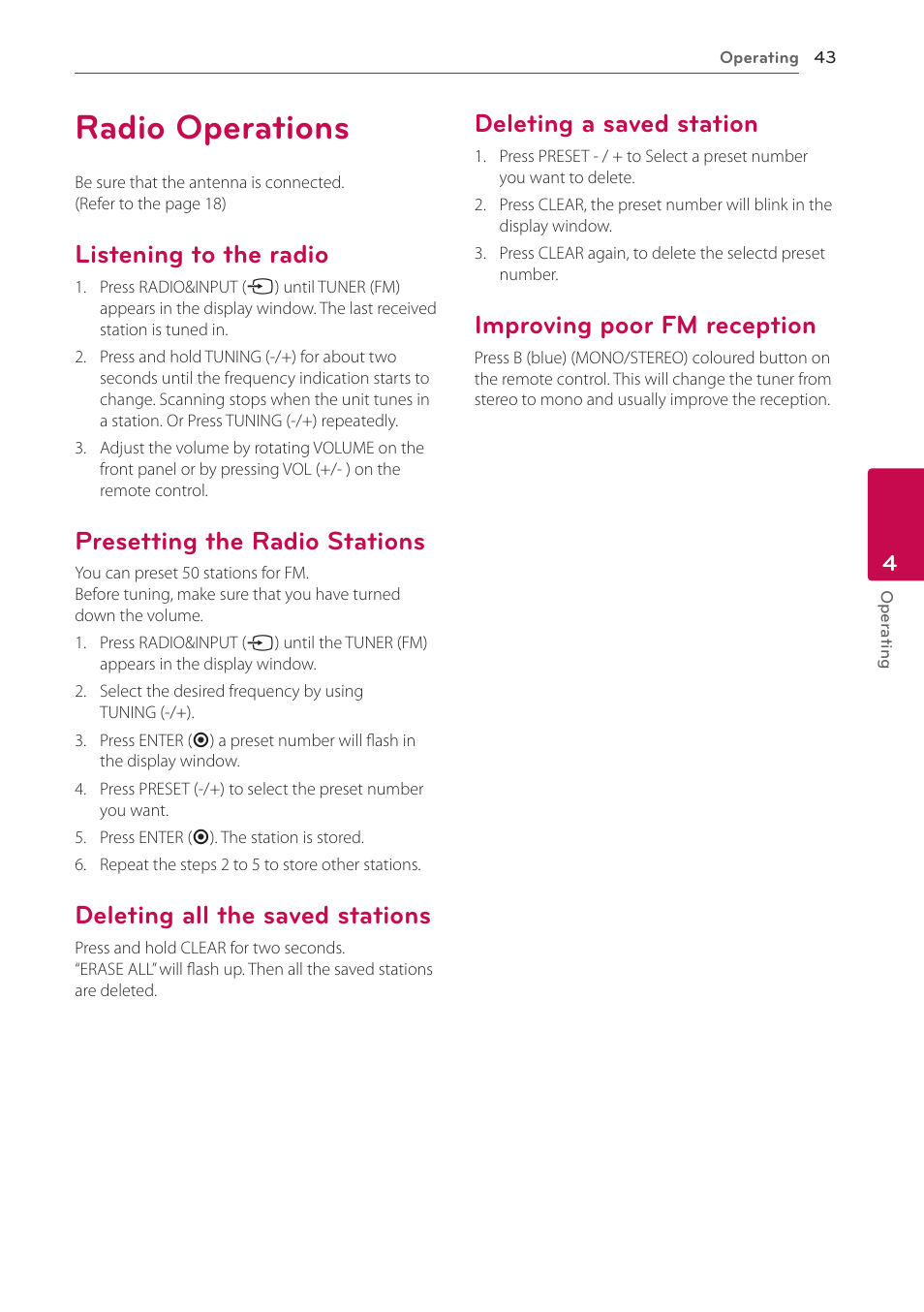 Radio operations, Listening to the radio, Presetting the radio stations | Deleting all the saved stations, Deleting a saved station, Improving poor fm reception, See information about a radio station | LG LHB306 User Manual | Page 43 / 60