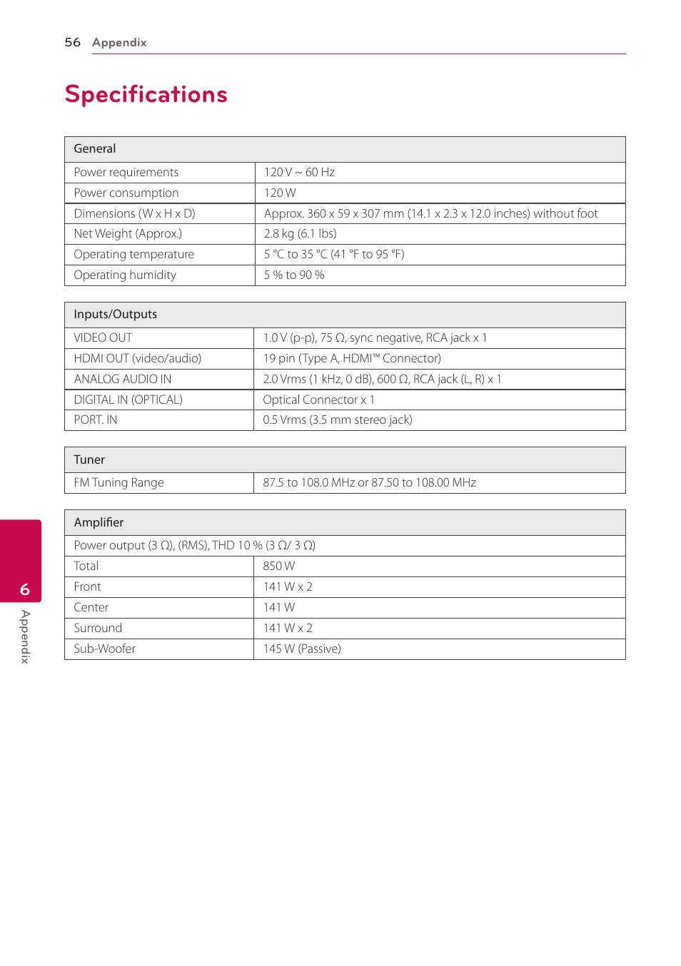 Specifications, 56 specifications | LG LHB306 User Manual | Page 56 / 60