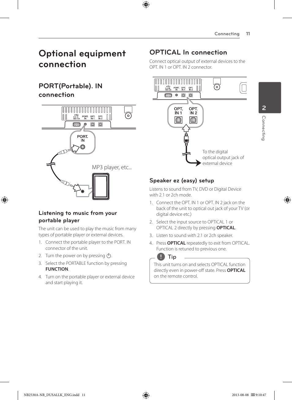 Optional equipment connection, Port(portable). in connection, Optical in connection | LG NB2530A User Manual | Page 11 / 24