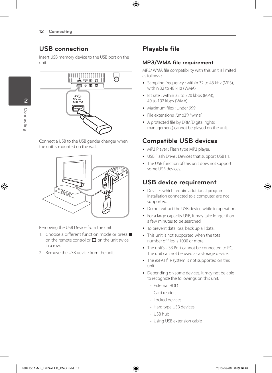 Usb connection, Playable file, Compatible usb devices | Usb device requirement, Mp3/wma file requirement | LG NB2530A User Manual | Page 12 / 24
