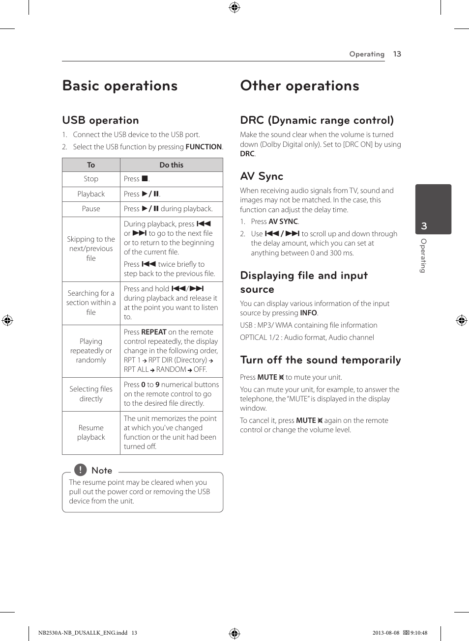 Basic operations, Other operations, Usb operation | Drc (dynamic range control), Av sync, Displaying file and input source, Turn off the sound temporarily | LG NB2530A User Manual | Page 13 / 24