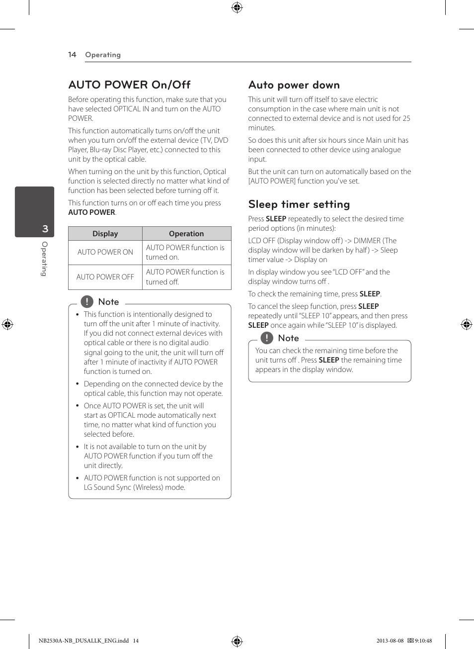 Auto power on/off, Auto power down, Sleep timer setting | LG NB2530A User Manual | Page 14 / 24