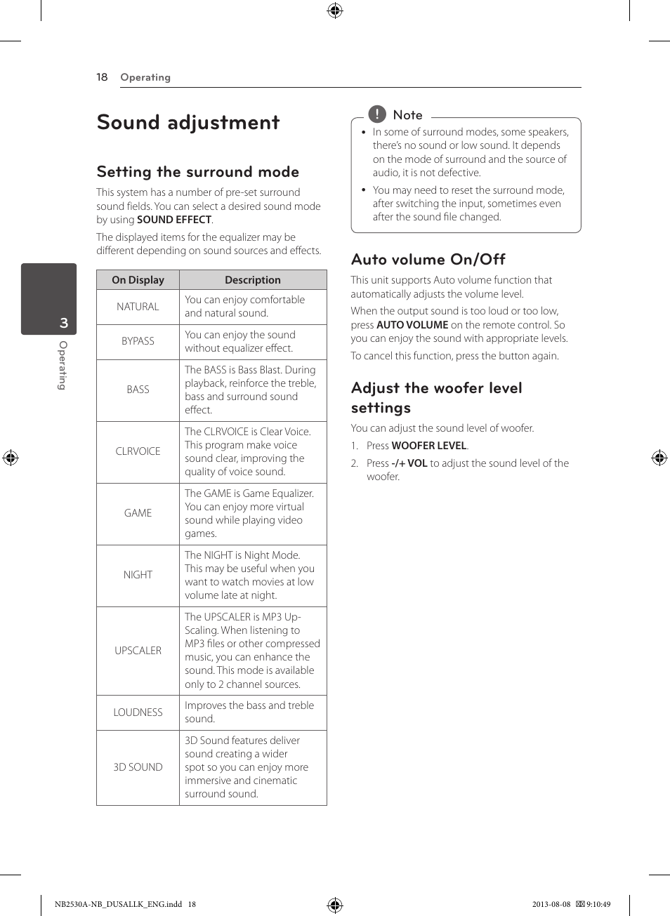 Sound adjustment, Setting the surround mode, Auto volume on/off | Adjust the woofer level settings | LG NB2530A User Manual | Page 18 / 24