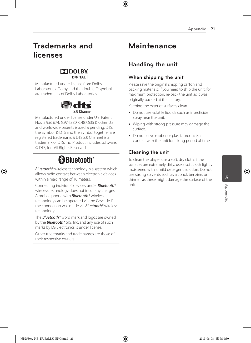 Trademarks and licenses, Maintenance, Handling the unit | LG NB2530A User Manual | Page 21 / 24
