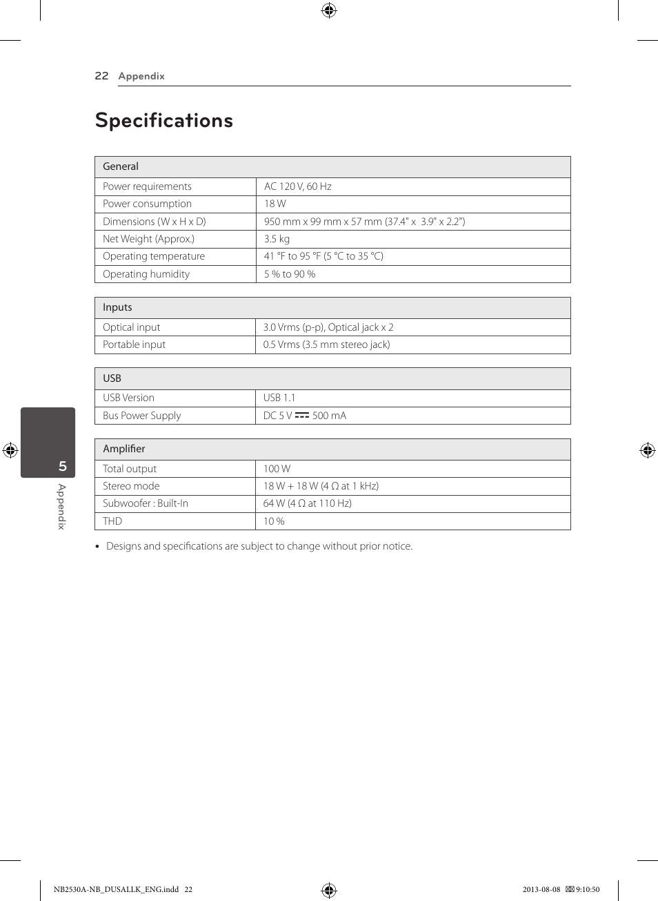 Specifications | LG NB2530A User Manual | Page 22 / 24